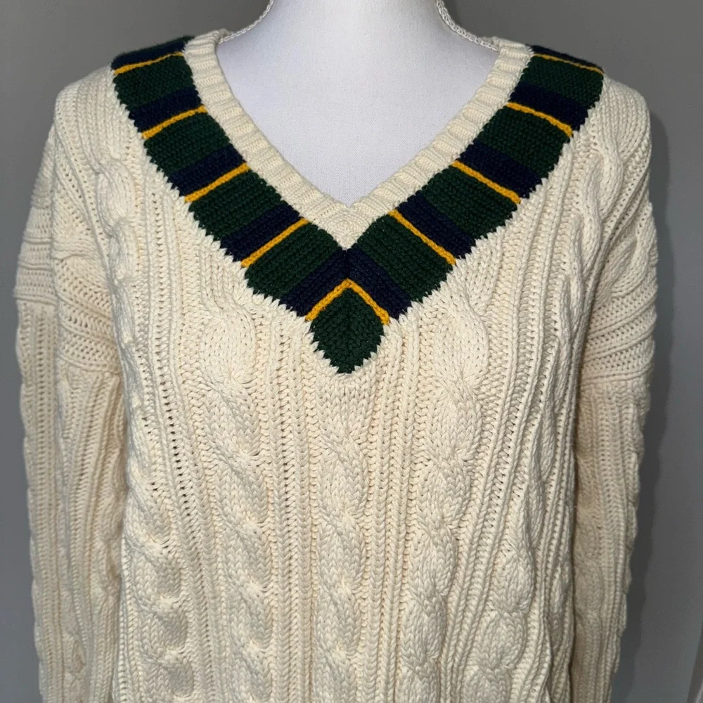 Polo Ralph Lauren‎ Cable Knit Cricket Sweater Cream Green Yellow Trim Varsity L